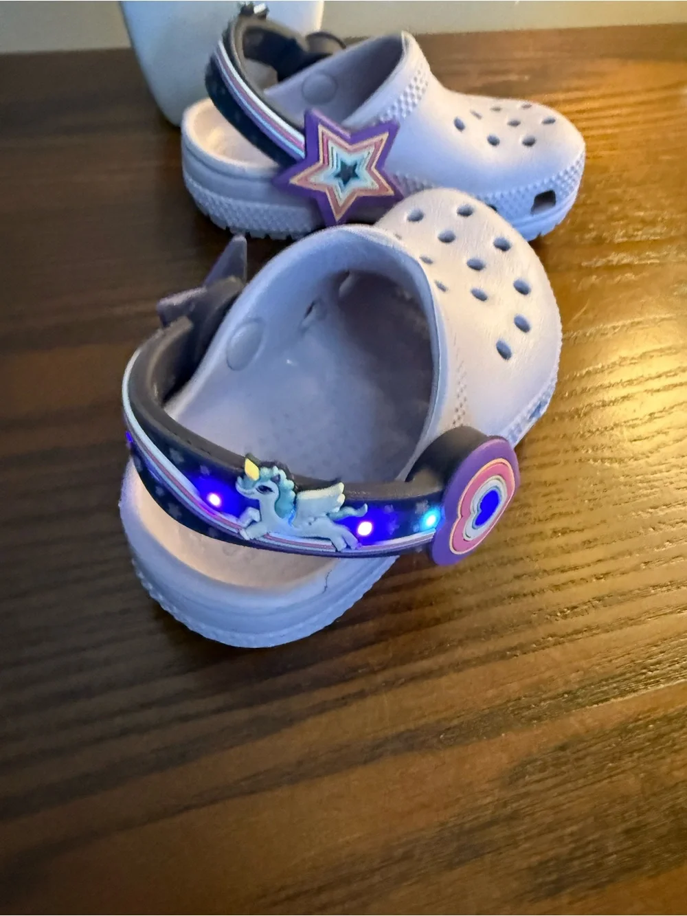 CROCS Kids Classic Clog in Lavender with Navy Strap and Unicorn Charm